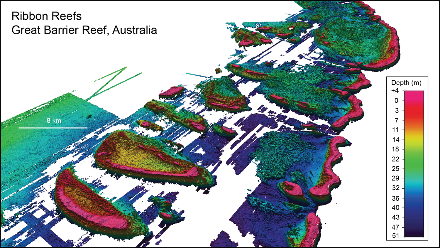 Lidar mapped Ribbon Reefs in the northern Great Barrier Reef, Australia. The gaps in data coverage are inter-reefal areas where seabed depths lie greater than about 50 m, the limits of laser penetration into the water column. Grid pixel resolution is 25 m. Total grid distance is about 110 km