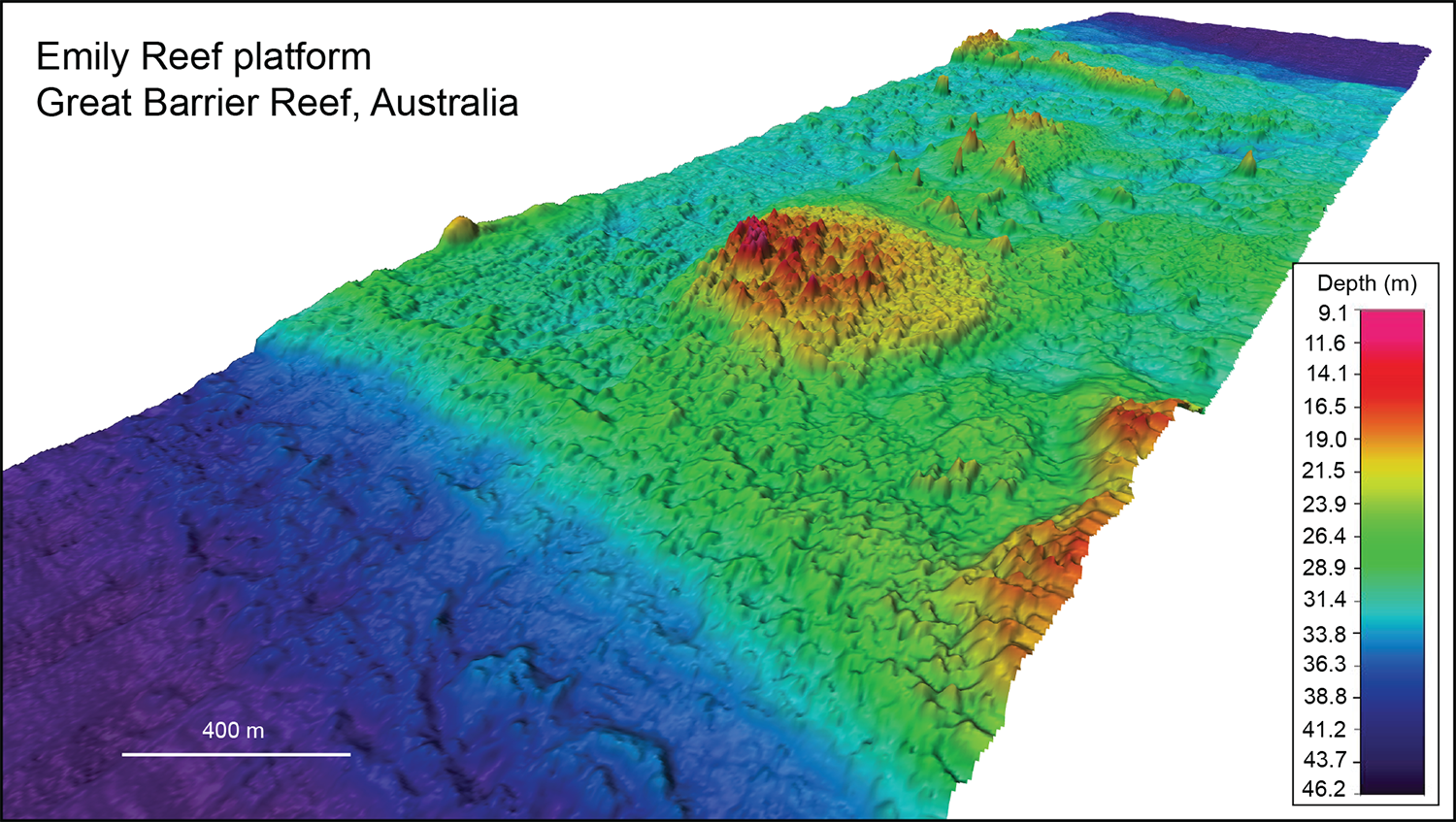 An example of a multibeam swathe mapping survey over Emily Reef, a broad coral reef platform on the northern Great Barrier Reef, Australia. Grid pixel resolution is 5 m. Total grid distance is about 8 km